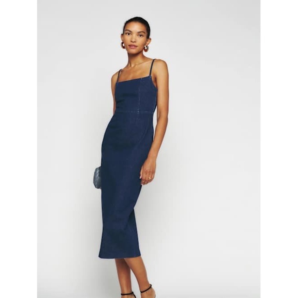 Reformation Delphinia Denim Midi Dress Women 2 Dark Blue Square Neck Strappy